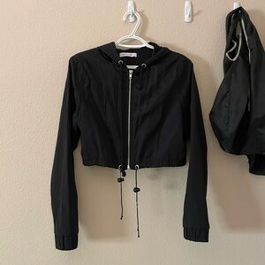 Danielle Guizio nylon cropped zip-up hoodie jacket/windbreaker in black